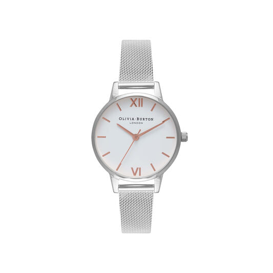 Silver Mesh Watch with Rose Accents