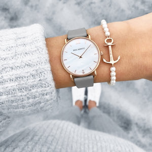 Miss Ocean Pearl Rose Gold Grey Leather Watch