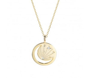 Gold Necklace with cut-out Moon, Star and Cubic Zirconia Disc Pendant