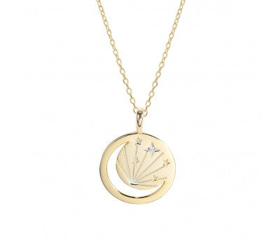 Gold Necklace with cut-out Moon, Star and Cubic Zirconia Disc Pendant