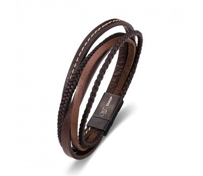 Brown Leather Multi & Stainless Steel Men's Bracelet