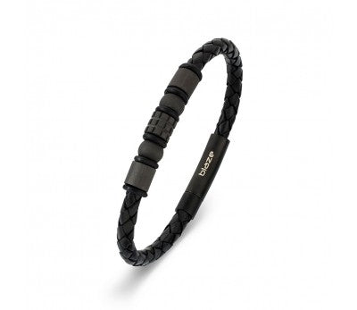 Black Leather & Stainless Steel Beaded Men's Bracelet