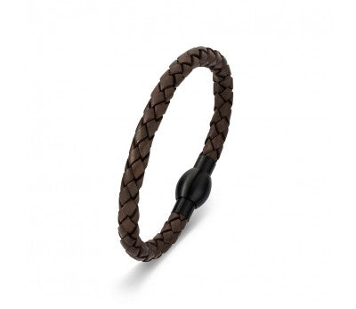 Brown Leather & Stainless Steel Men's Bracelet with Matte Black Clasp