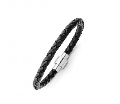 Black Leather & Stainless Steel Men's Bracelet
