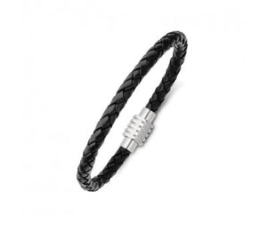 Black Leather & Stainless Steel Plain Men's Bracelet