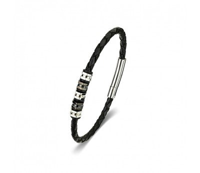 Black Leather & Stainless Steel Men's Bracelet with Beads