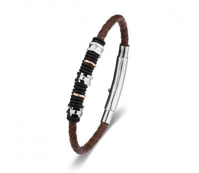 Brown Leather & Stainless Steel Men's Bracelet with a Beaded Feature