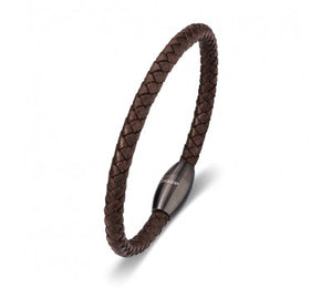 Brown Leather & Stainless SteelMen's Bracelet with Matte Gunmetal Clasp