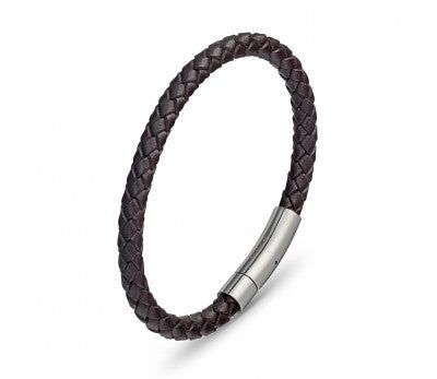 Brown Leather & Stainless Steel Men's Bracelet