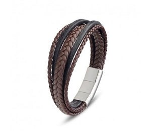 Brown/Black Multi Strand Leather & Stainless Steel Mens Bracelet