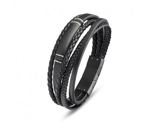 Black Leather & Stainless Steel Men's Bracelet