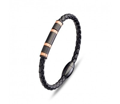 Black Leather & Stainless Steel Men's Bracelet with Rose Gold Beads