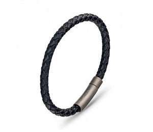 Black Leather & Matte Stainless Steel Men's Bracelet
