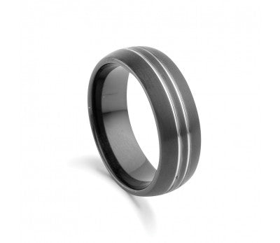 Men's Black Tungsten Ring with Silver Line Detail