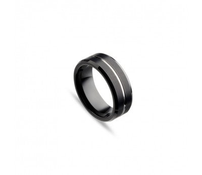 Mens Black Tungsten Ring with Shiny Groove