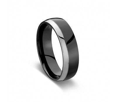Men's Shiny Black Zirconium Ring With Silver Detail